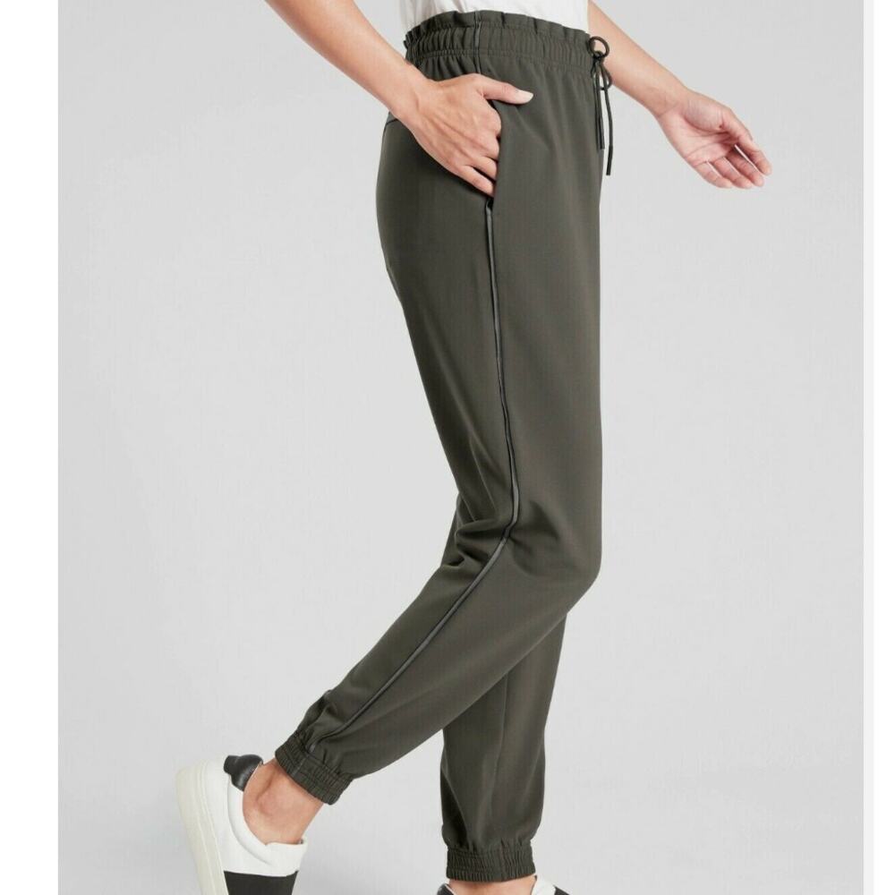 ATHLETA Metropolis Jogger Pants Primatwill Olive Satin Piping Pockets NWOT sz 14